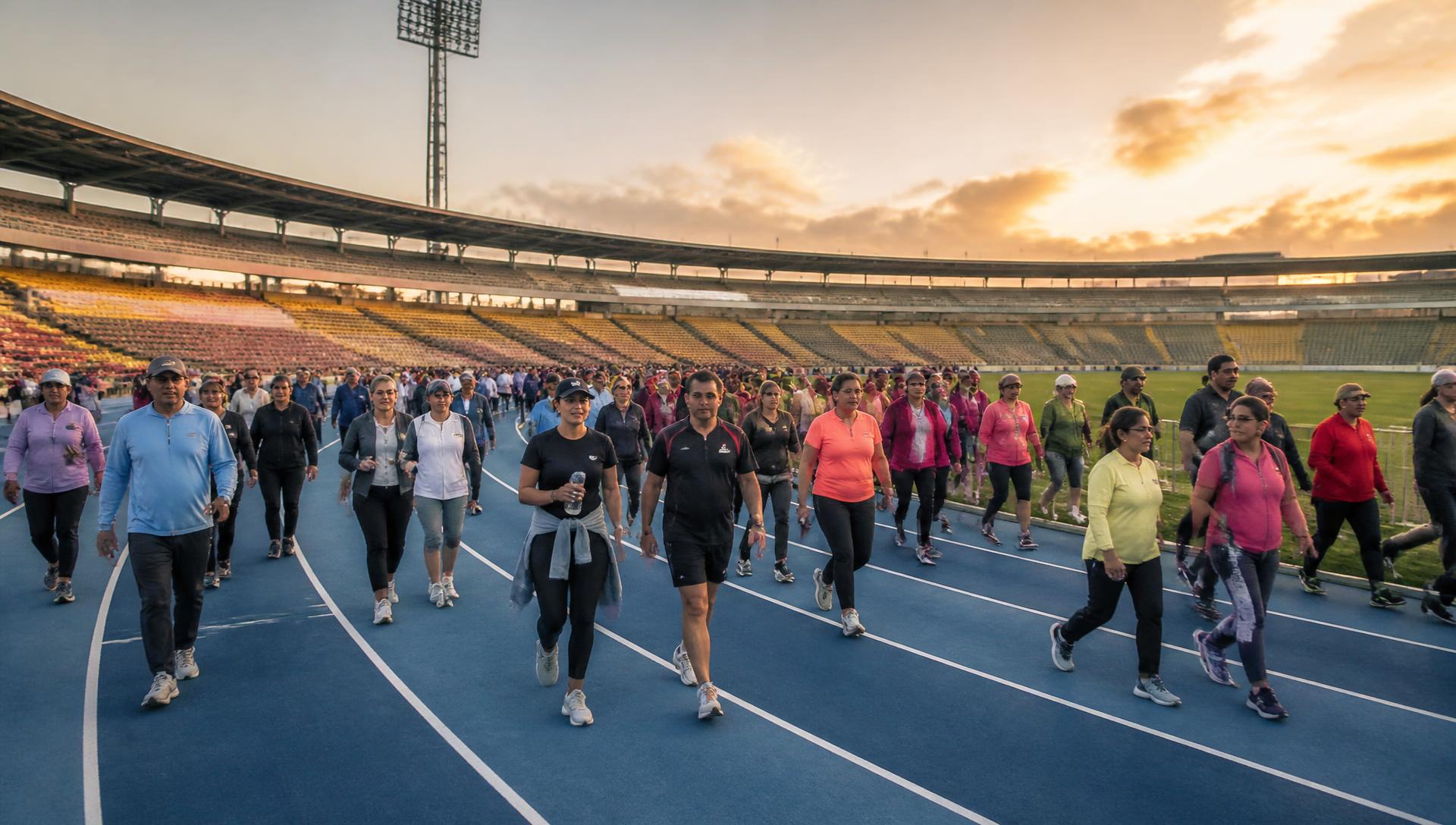 Participantes caminando en la pista del estadio El Campín al amanecer